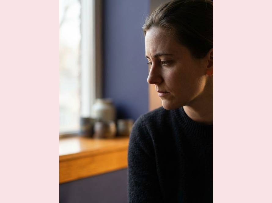 Woman looking away in soft, moody light near a window, reflecting on the inner critic's voice around eating patterns