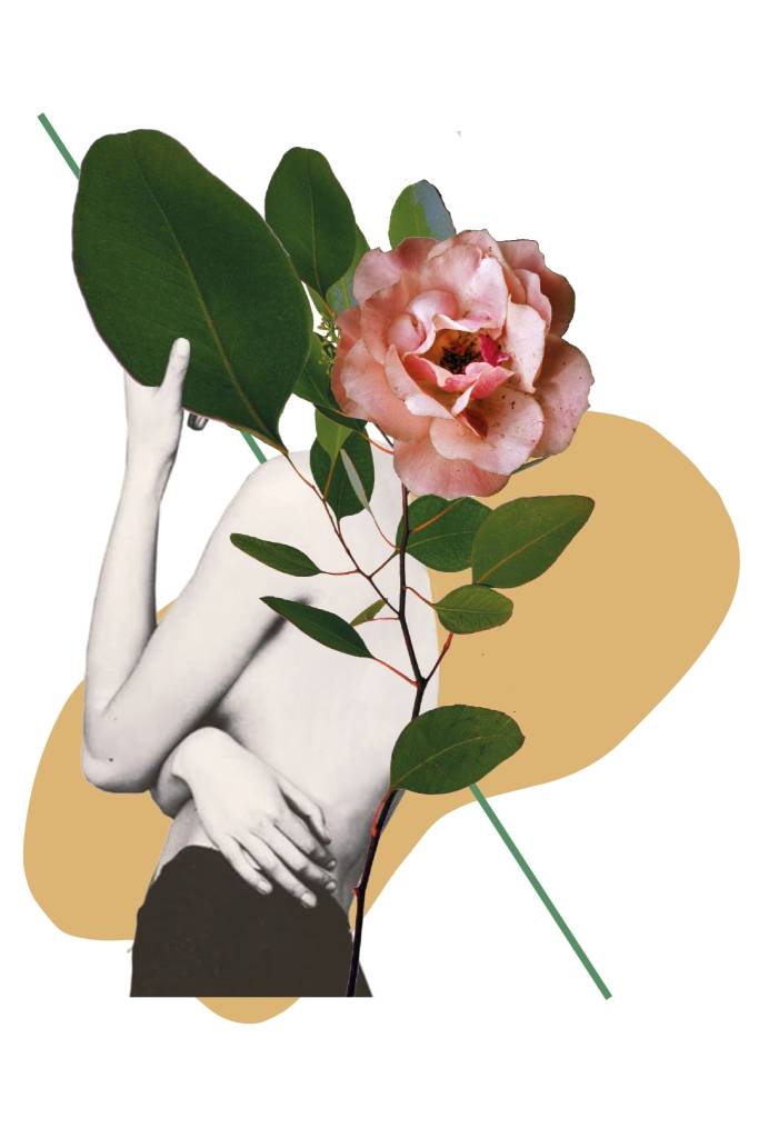 Editorial collage of a figure with a peony bloom and botanical leaves representing self-understanding and personal growth in counselling
