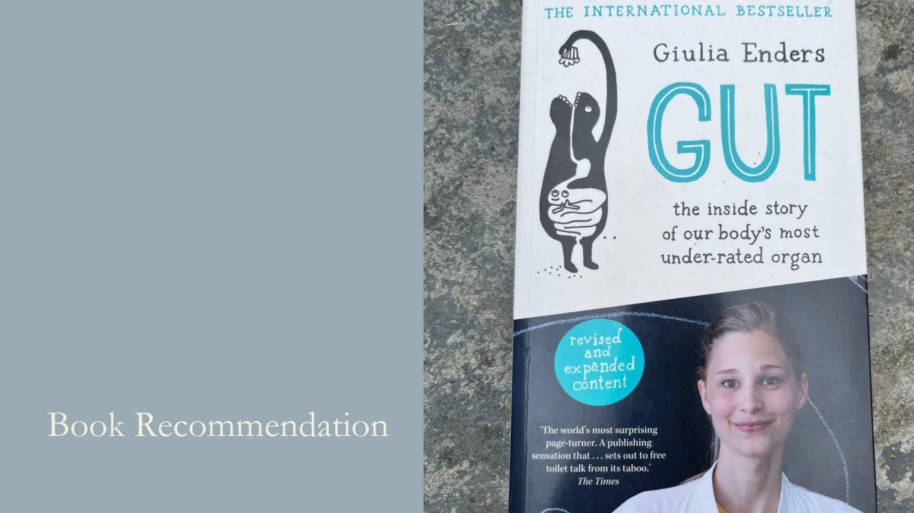 Copy of Gut by Giulia Enders resting on stone, this month's book recommendation