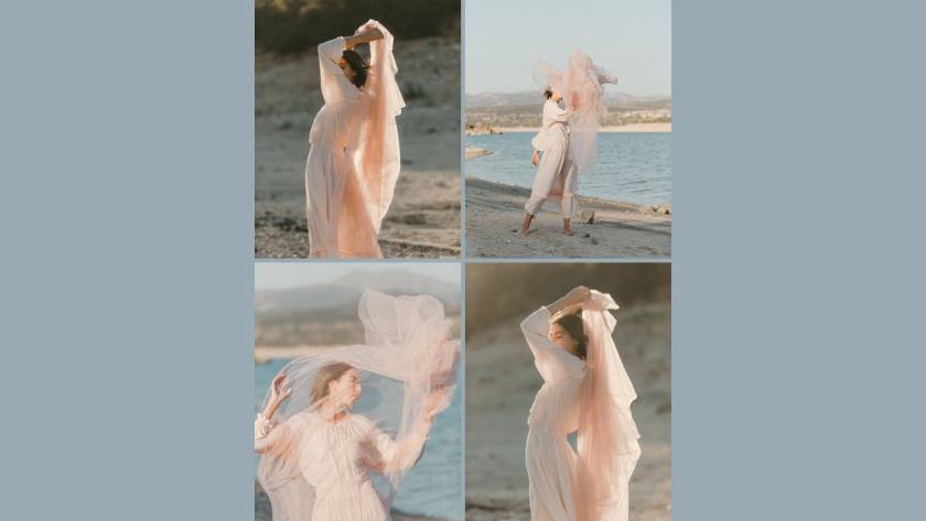 Woman on a beach with pale pink fabric veiling her face, evoking the real self obscured by long-term shapeshifting