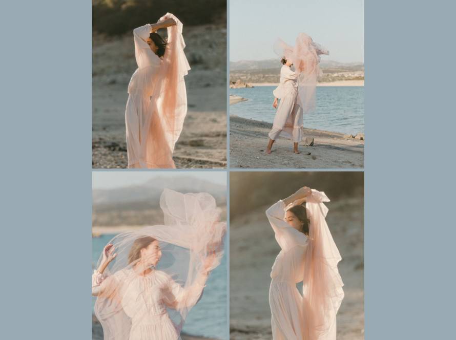 Woman on a beach with pale pink fabric veiling her face, evoking the real self obscured by long-term shapeshifting