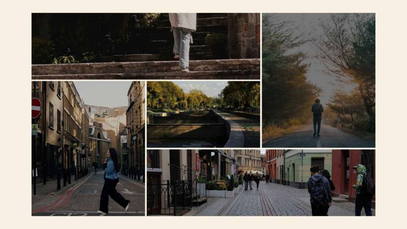 Collage of figures walking outdoors in autumn light across city streets and paths, benefits of time outdoors for mental health