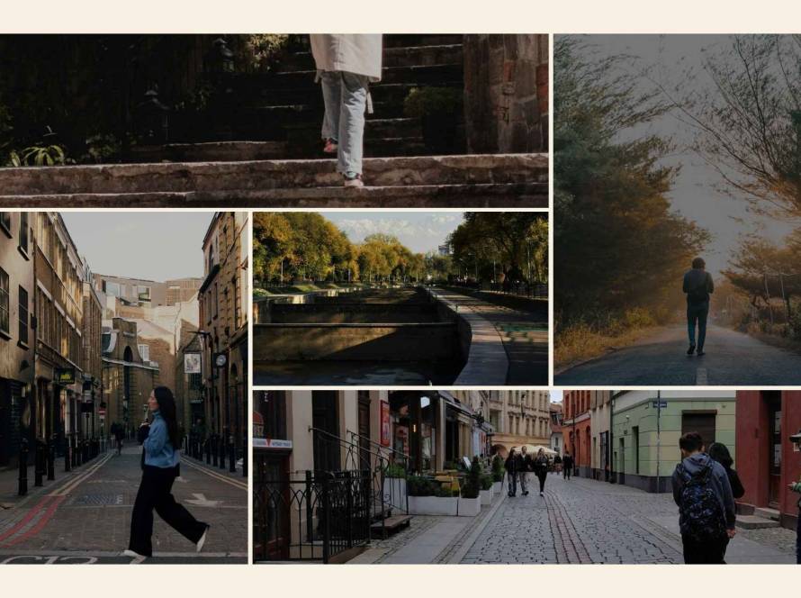 Collage of figures walking outdoors in autumn light across city streets and paths, benefits of time outdoors for mental health