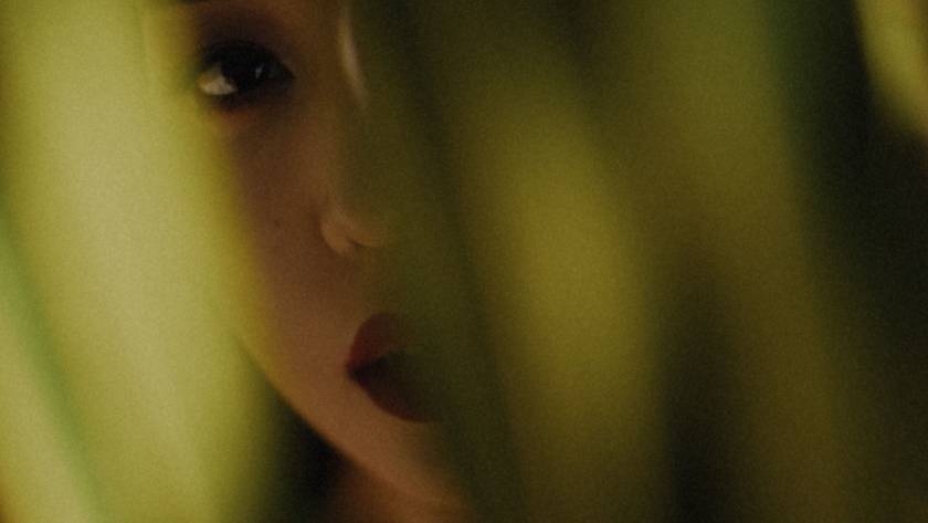 Close-up of a woman’s face, half hidden behind blurred green leaves, with one eye and her lips visible.
