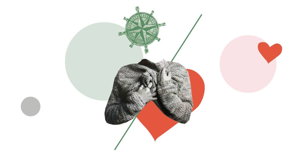 Collage of a person in a chunky knit jumper with their hands held to their chest over a red heart, beneath a green compass, representing self-compassion and finding direction through counselling.