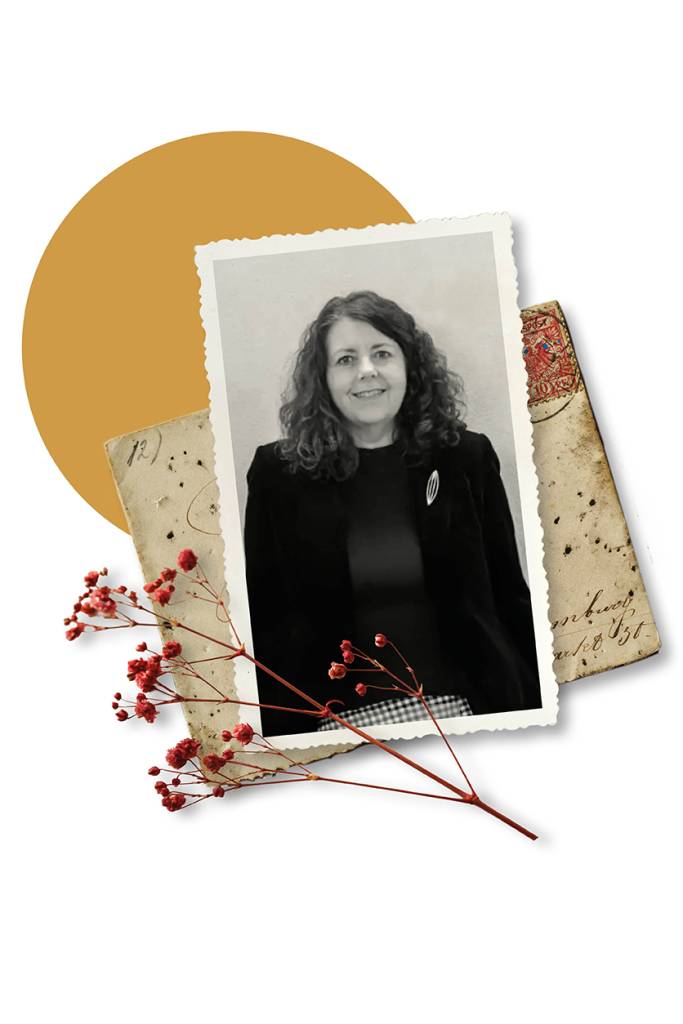 Karen Toms, integrative counsellor in Plymouth, smiling in a vintage-style photograph set against an old handwritten letter and dried red flowers.